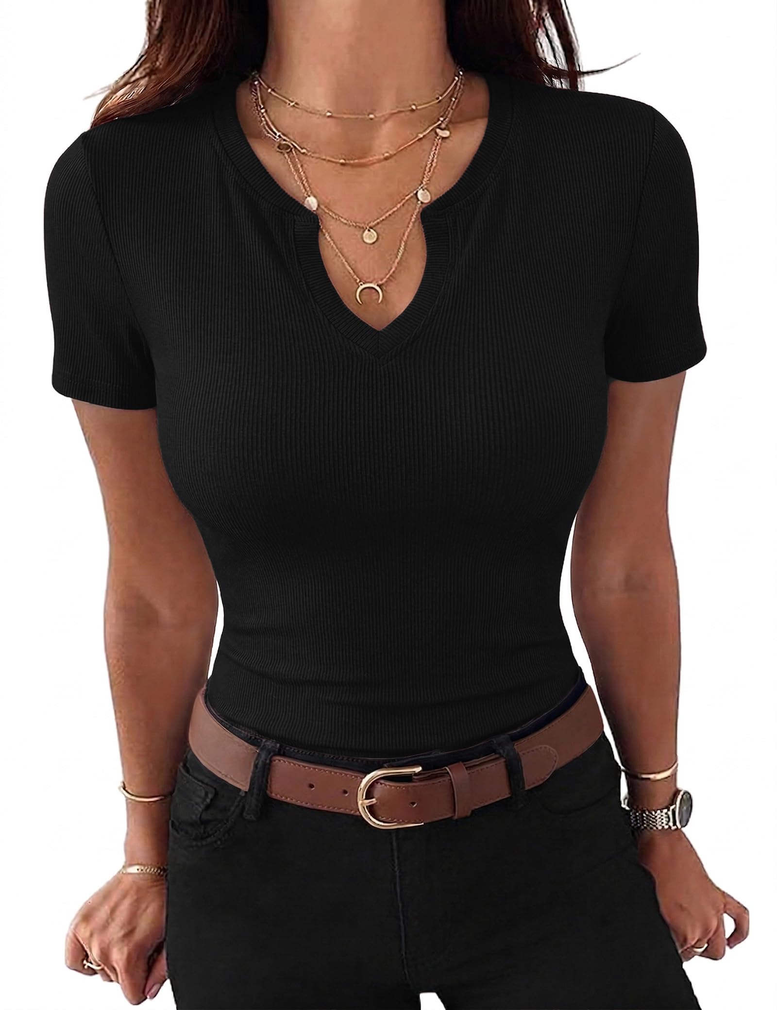 Gyabnw Damen T-Shirt V-Ausschnitt Elegant Gerippt Bluse Oberteil Kurzarm Basic Shirt Casual Sommer Top