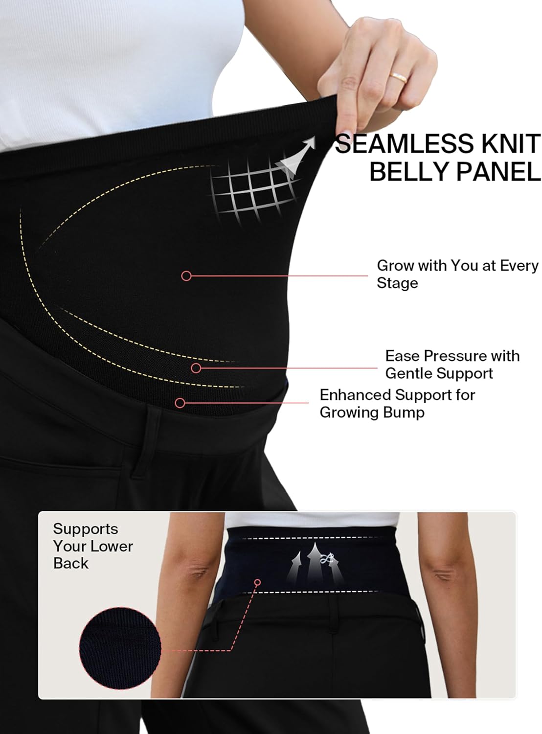 Ecavus Women's Maternity Pants Over Belly Seamless Stretchy Work Pants Dual Length Maternity Wide Leg Pants with Pockets Black - Image 4