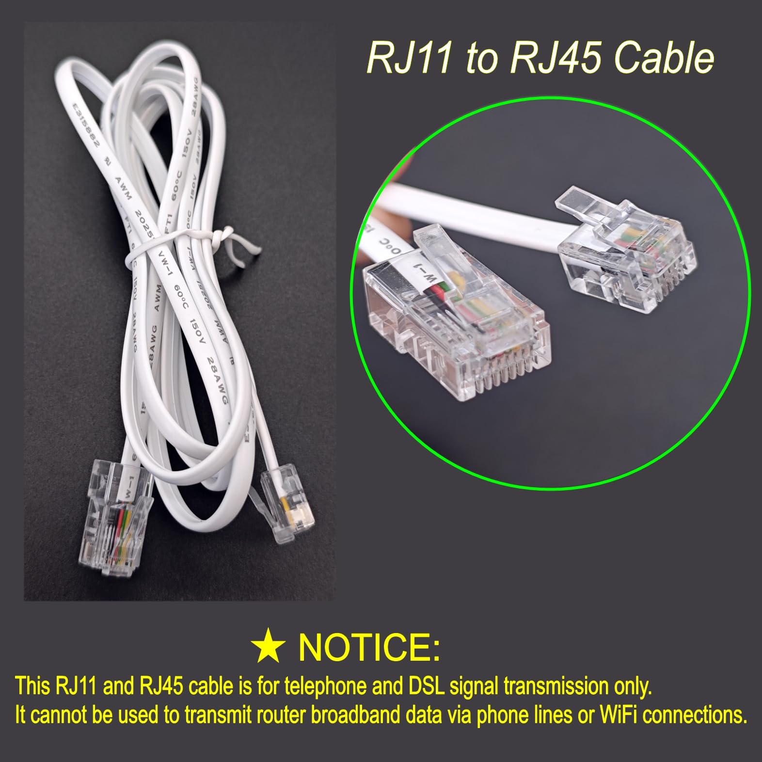 JZK 1.5m Blanc RJ11 vers RJ45 câble, cordon raccordement Ethernet, cordon raccordement téléphonique ADSL 6P4C vers 8P8C, rallonge réseau plate pour VoIP, fax, téléphone, ligne fixe, modem, routeur