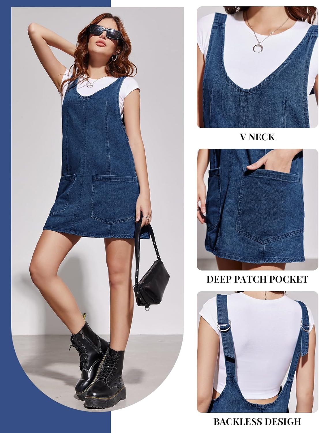 PLNOTME Womens Sleeveless Denim Overall Dress V Neck Summer Mini Jean Dress with Pockets - Image 6
