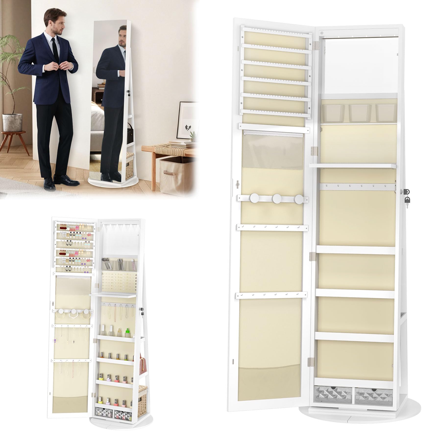 ACXIN Armadietto girevole per gioielli con illuminazione a LED e specchio, funzione 3 in 1, con vano portaoggetti, 161 x 54,5 x 10 cm, con serratura e specchio interno, bianco