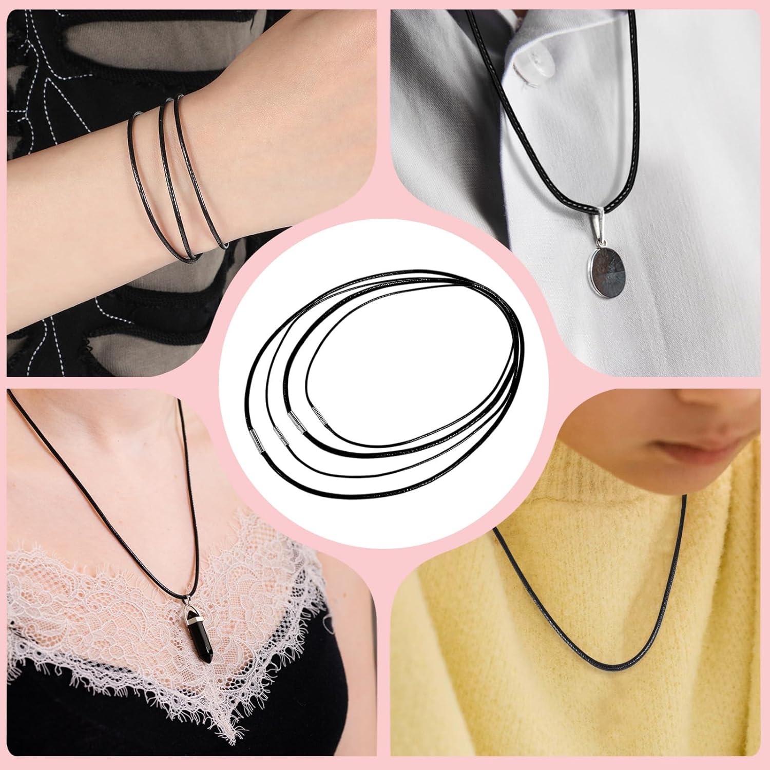 Black Fake Leathers Cords, 4pcs 16”18" 20" 22" Waterproof Cord Necklace with Clasp, 1.5/3mm Width, DIY Woven Wax Rope Chain for Pendant, Beading Cords and Threads for DIY Jewelry Making - Image 7