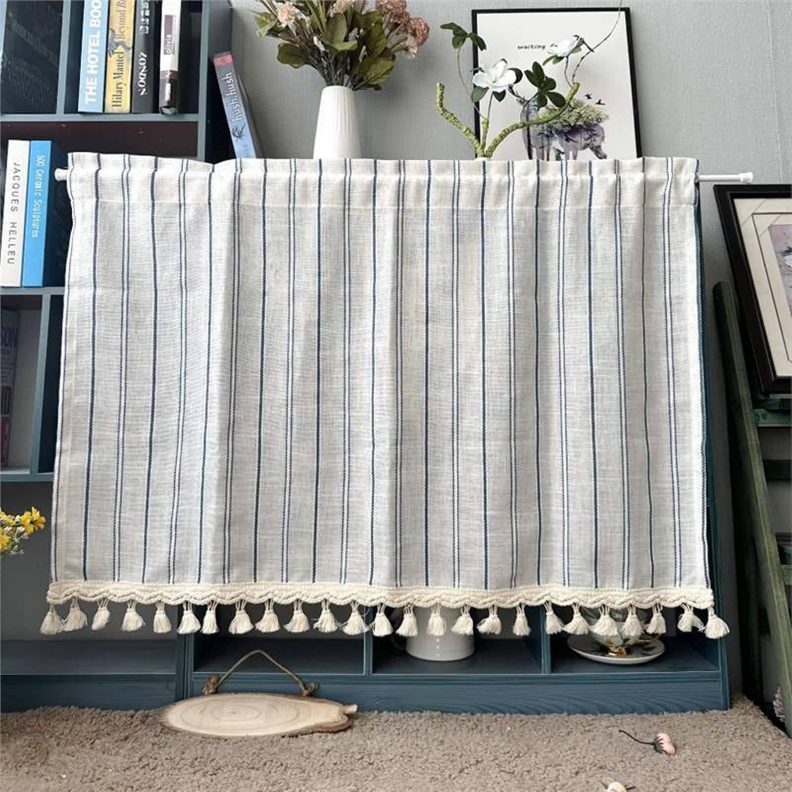 Gardinen Modern Wohnzimmer, 1 Stück 200x50cm Scheibengardine Küchengardinen Bistrogardine Halb Transparent Stores Streifenmuster mit Quaste aus Leinengarn, Vierklauen-Haken, Beigeweiß Marineblau