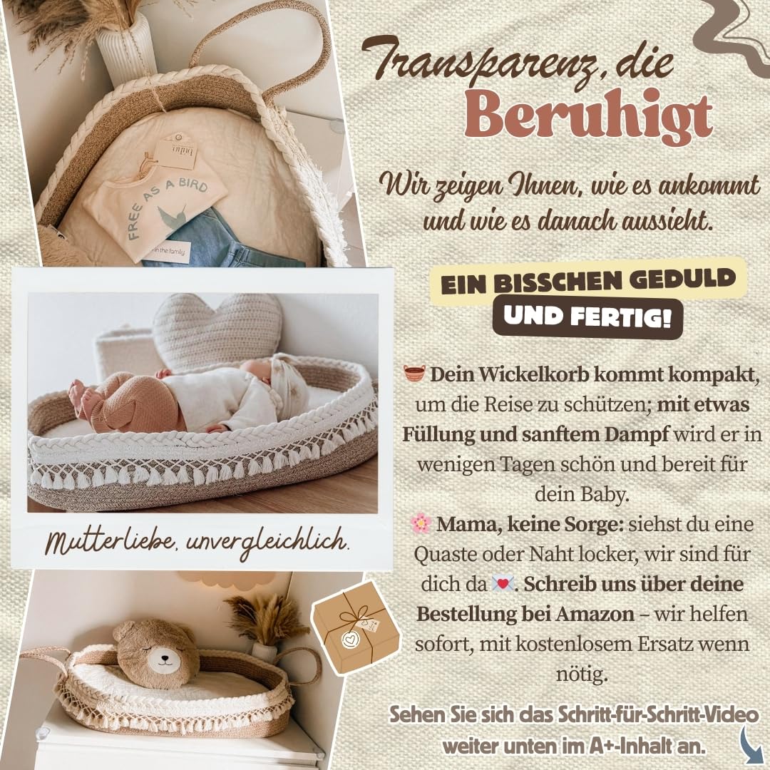 SEBRAM Wickelkorb Baby – Handgefertigte Wickelauflage mit Liebe, Wasserdichte Matratze und Tragetasche | Sicher & Schön fürs Babyzimmer – Farbe: Beige