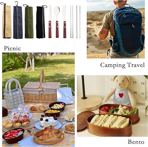 Miniatura 3 de JASHII Juego de cubiertos de acero inoxidable 304 con mango de madera, juego de cubiertos de madera para viaje, cuchillo de campamento, tenedor,