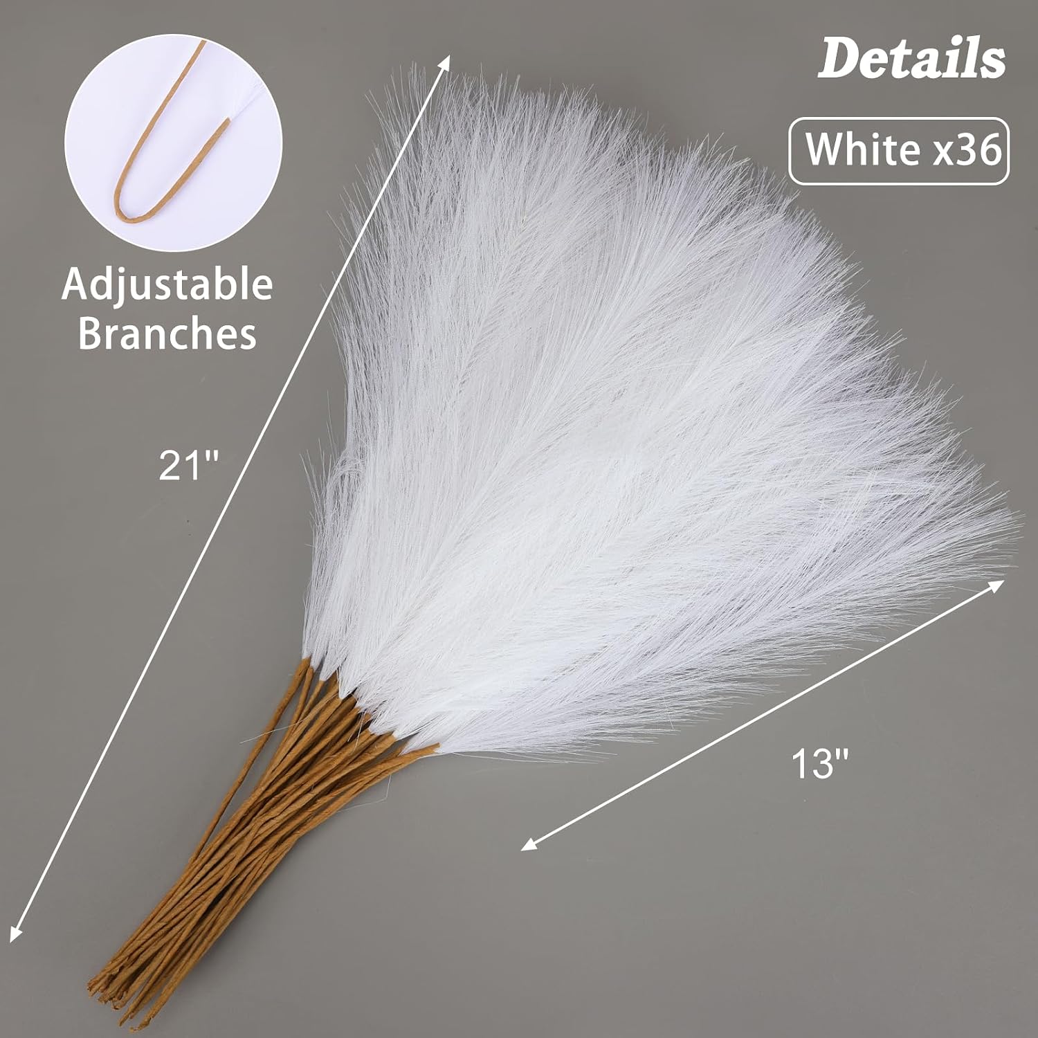 CEWOR 36pcs White Pampas Grass 21 Inch, Artificial Pampas Grass Home Decor, Artificial Tall Pampas Grass for Short Vase Filler Bedroom Decor, Wedding Centerpieces Party Decorations