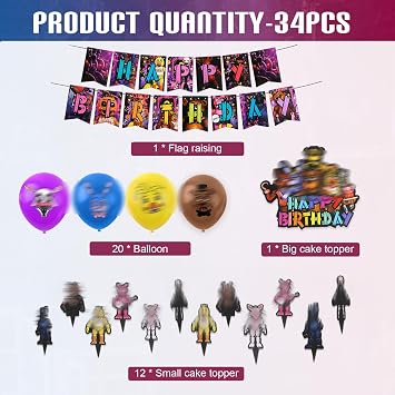 34PCS Birthday Decorations, Midnight Bear Party Decorations, Birthday Party Supplies for Boys Girls, Include Banner, Balloons, Cake Topper, Cupcake Toppers