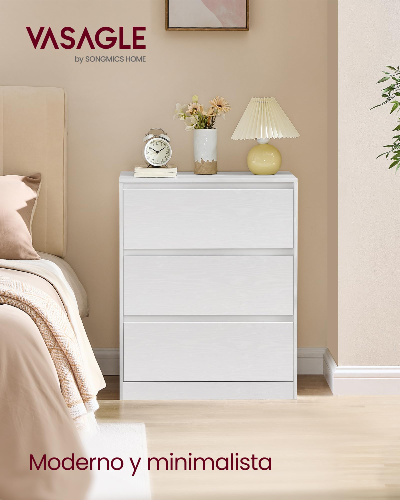 VASAGLE Colección Kailyn - Cómoda de 3 Cajones para Dormitorio, Armario de Almacenamiento, Mueble para Ropa, 40 x 60 x 75 cm, Estilo Moderno, Blanco Nieve LTS613WE01