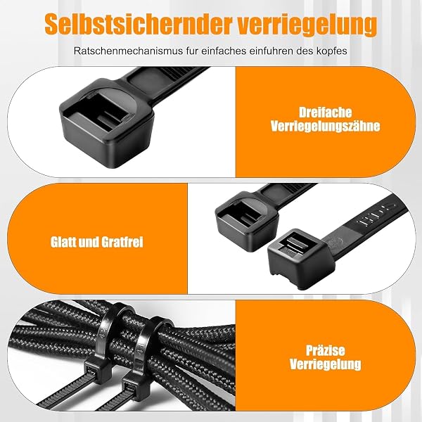1000 Stück Kabelbinder Schwarz 100/150/200/250/300mm Und 20 Klebesockel, Kabelbinder set, UV Beständig, Hitzebeständig, Kunststoff Kabel Binder Set 100/150/200/250/300 mm(1000 Stück) - 4