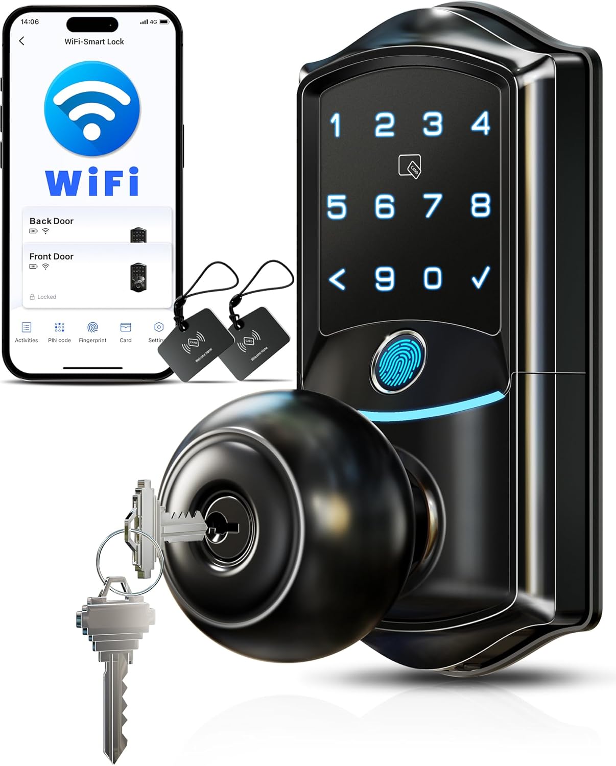 Veise VE028 Wi-Fi Smart Lock with Knob, showing the lock, keys, and IC cards.