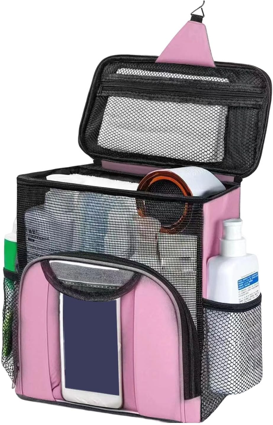 Multi Purpose Hanging Beauty Bag with Ventilated Openwork Base and Reinforced Grip for Storage Travelers Drying Liner and Phone Pocket for Bathroom Needs