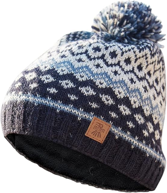 Pachamama Men Wool Beanie Bobble Hat Fleece Lined Handknitted Blue Nordic One-Size Handmade Extra Warm Fair Trade