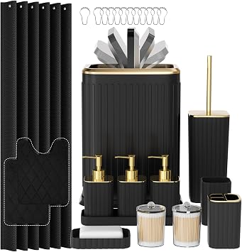 Bathroom Accessory Set - 26PC Bathroom Sets with Shower Curtain and Rugs, Black Bathroom Set, Bathroom Sets with Stainless Steel Trash Can, Toilet Brush