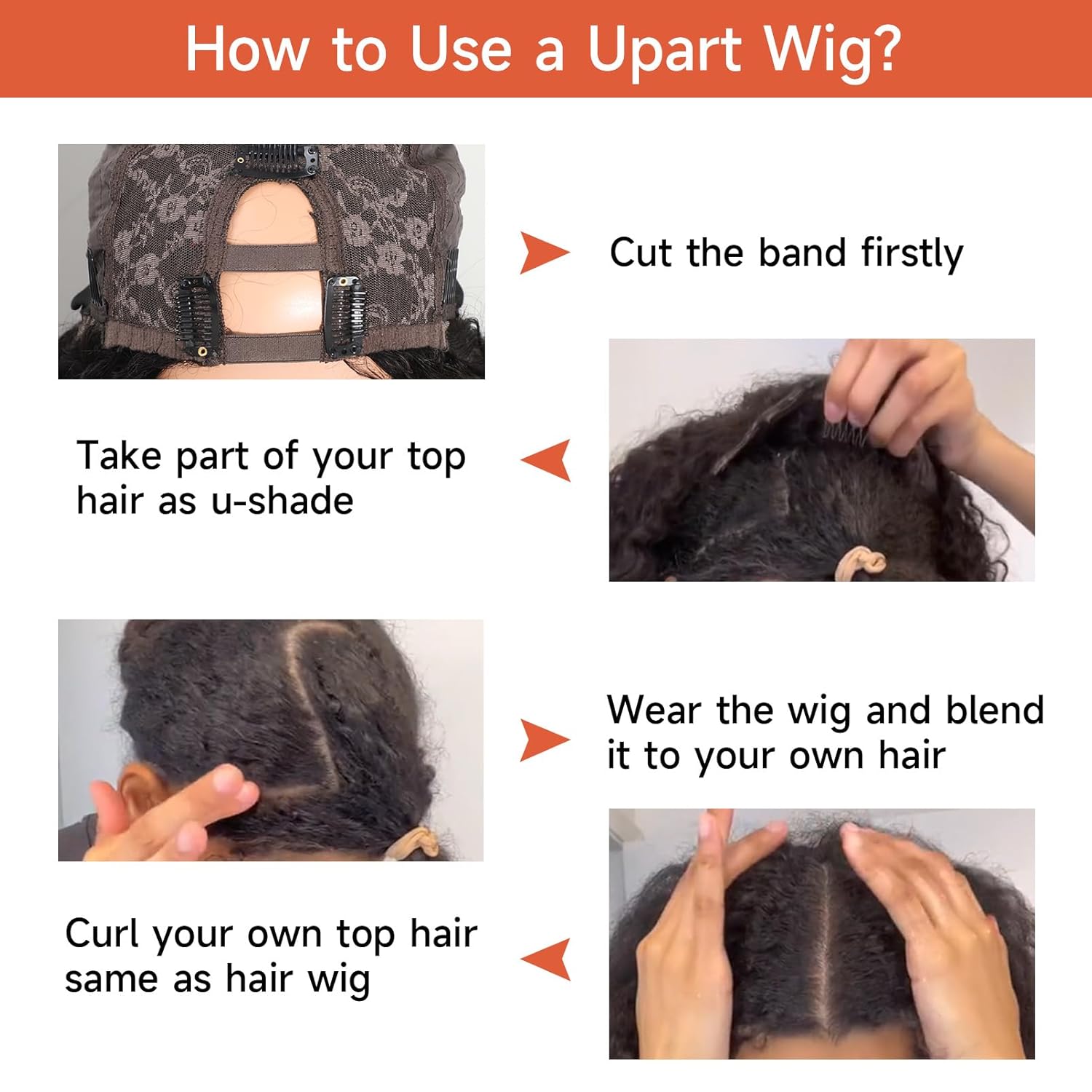 U Part Human Hair Wig Curly14 Inch Clips Glueless Wigs Human Hair Beginner Friendly U Shape Wig Clip In Half Wigs for Women No Leave Out 200% Density Natural Color