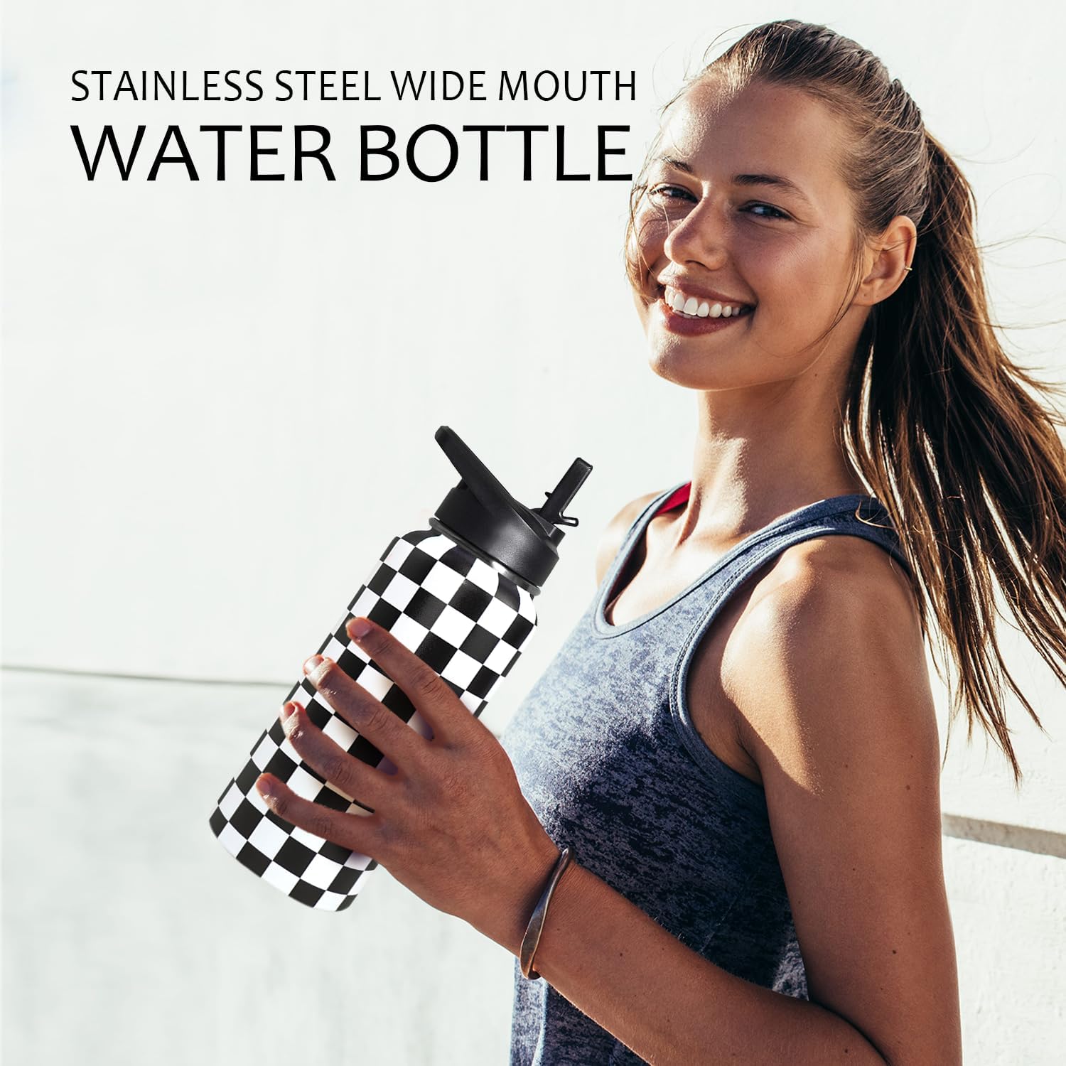 32oz Checkered Stainless Insulated Aater Water Bottle with Straw,Checkered Gym Hiking Sports Coffee Mug Cup Water Bottles,Checkered Gifts for Women,Checkered Decor Stuff Accessories - Image 6
