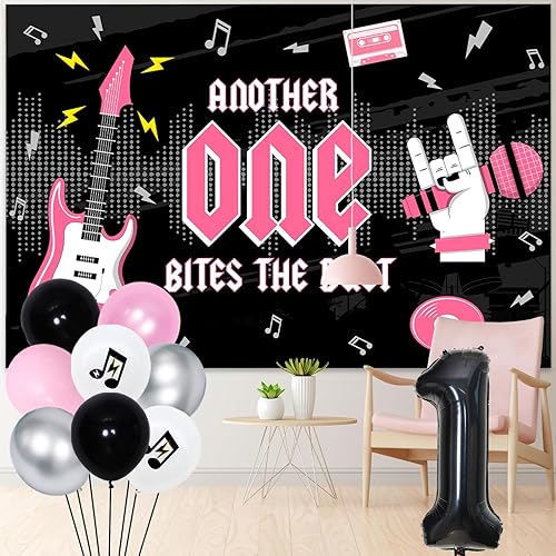 Miniatura 3 de 77 piezas de decoración de primer cumpleaños de Another One Bites the Dust para niñas con kit de arco de globos negros y rosados, pancarta de fondo