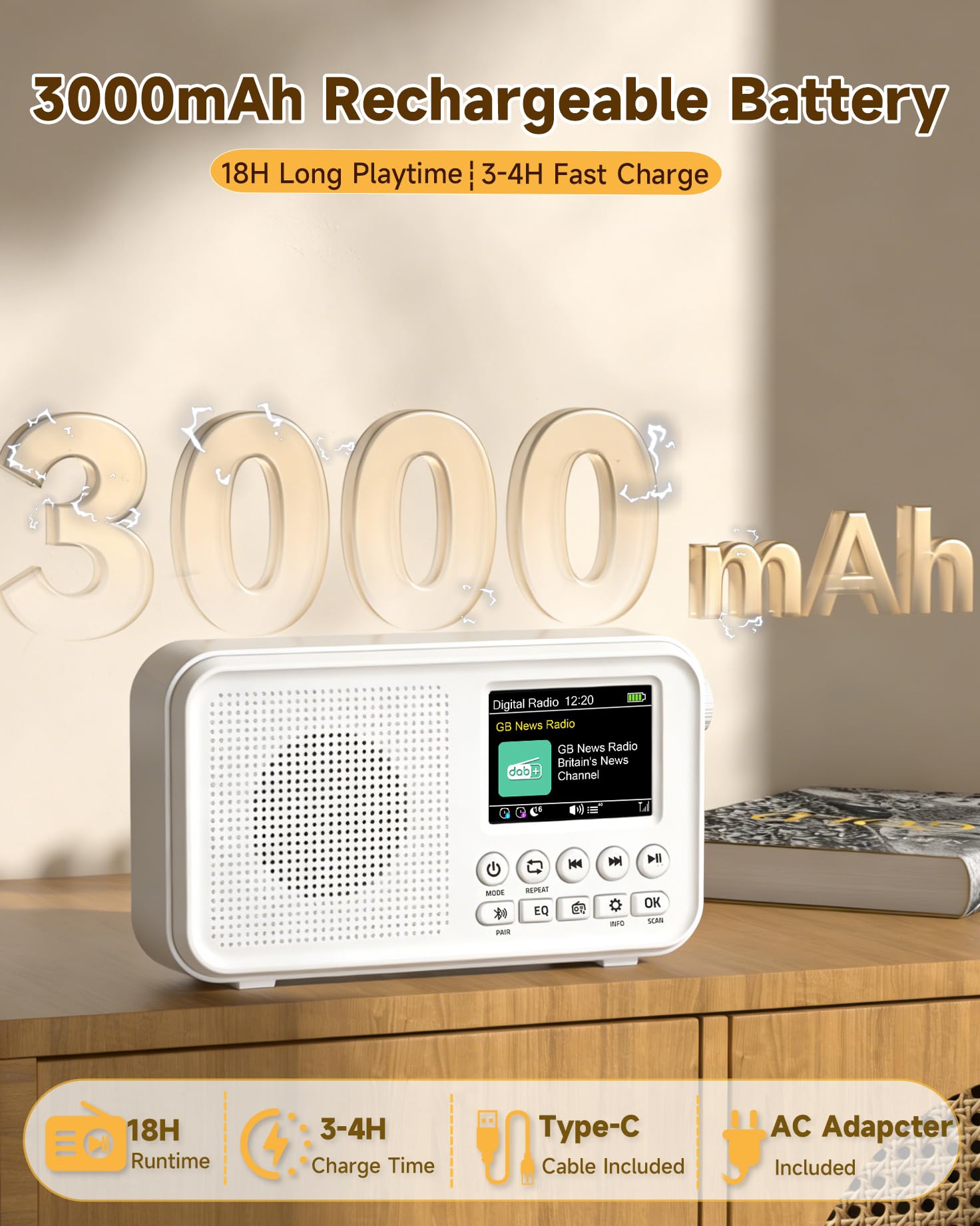 Roxicosly Portable DAB Radio, 3000mAh Rechargeable & Mains Powered Digital FM Radio with Bluetooth, 2.4" Color Display, 18H Playtime, 80 Presets, EQ, 3.5mm AUX & SD Card Slot, Dual Alarm, Sleep Timer — view 4