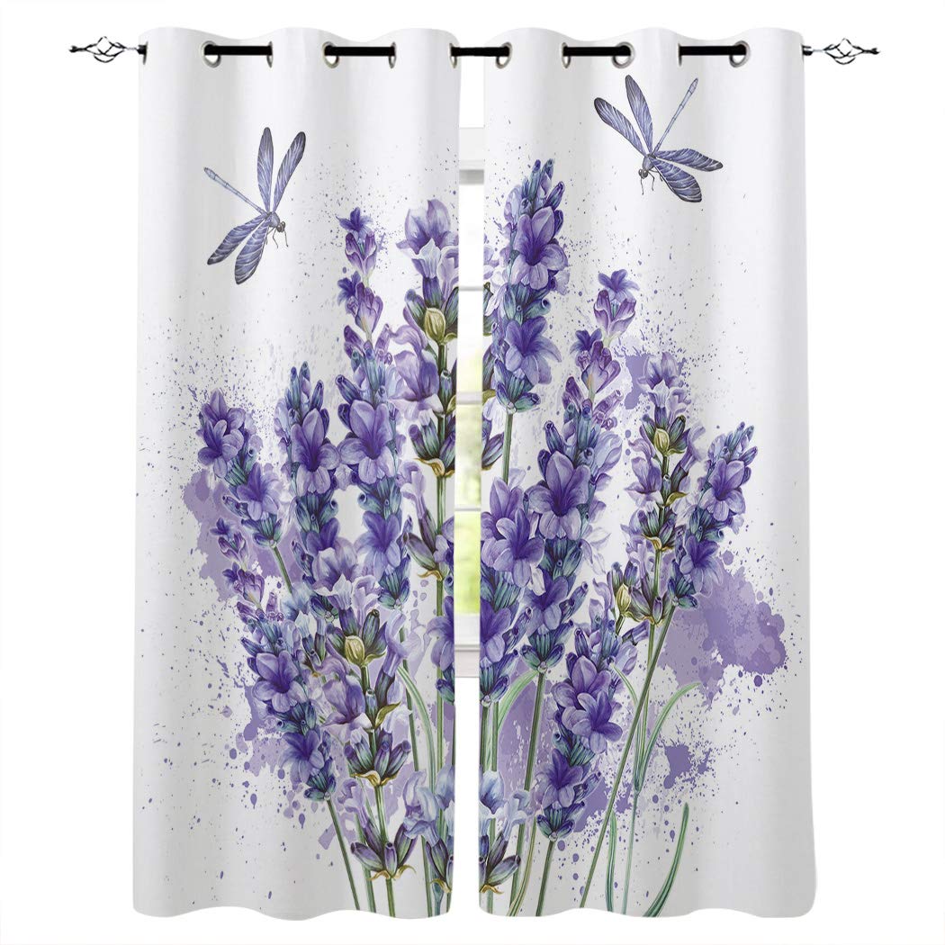 Edwiinsa Purple Lavender Flowers Ink Painting Kitchen Curtains Window Drapes Treatment, 2 Panels Sheer Curtains for Kitchen Cafe Office, Floral Dragonfly 55W x 39L inch