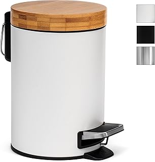 Kazai.® 3l Design Kosmetikeimer | Bambus-Holzdeckel mit Absenkautomatik | Treteimer mit Anti-Fingerabdruck und Komfort-Ped...