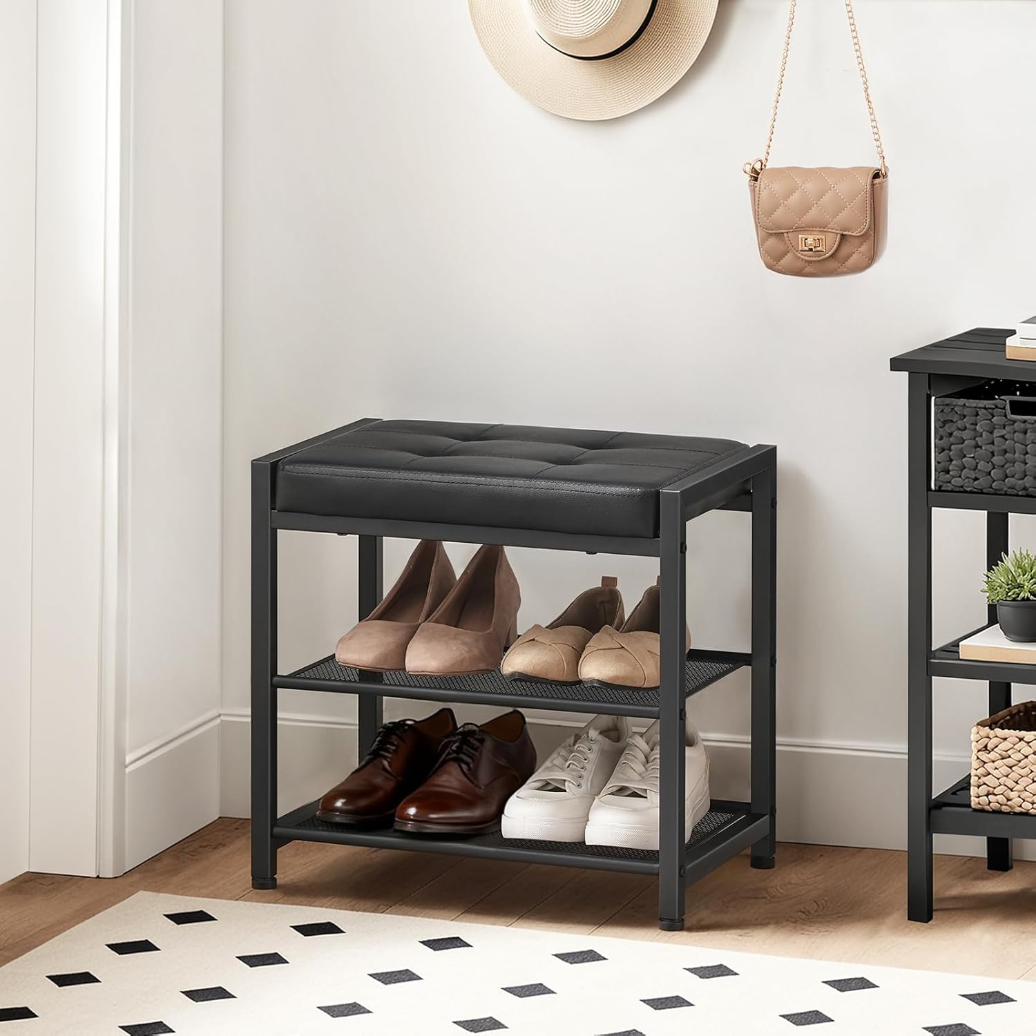 HOOBRO Small Shoe Bench, 3-Tier Shoe Rack, Shoe Storage Bench with PU Seat Cushion, Entryway Shoe Rack Bench with Metal Mesh Shelves, Freestanding Shoe Organizer for Hallway, Black BB33HX01