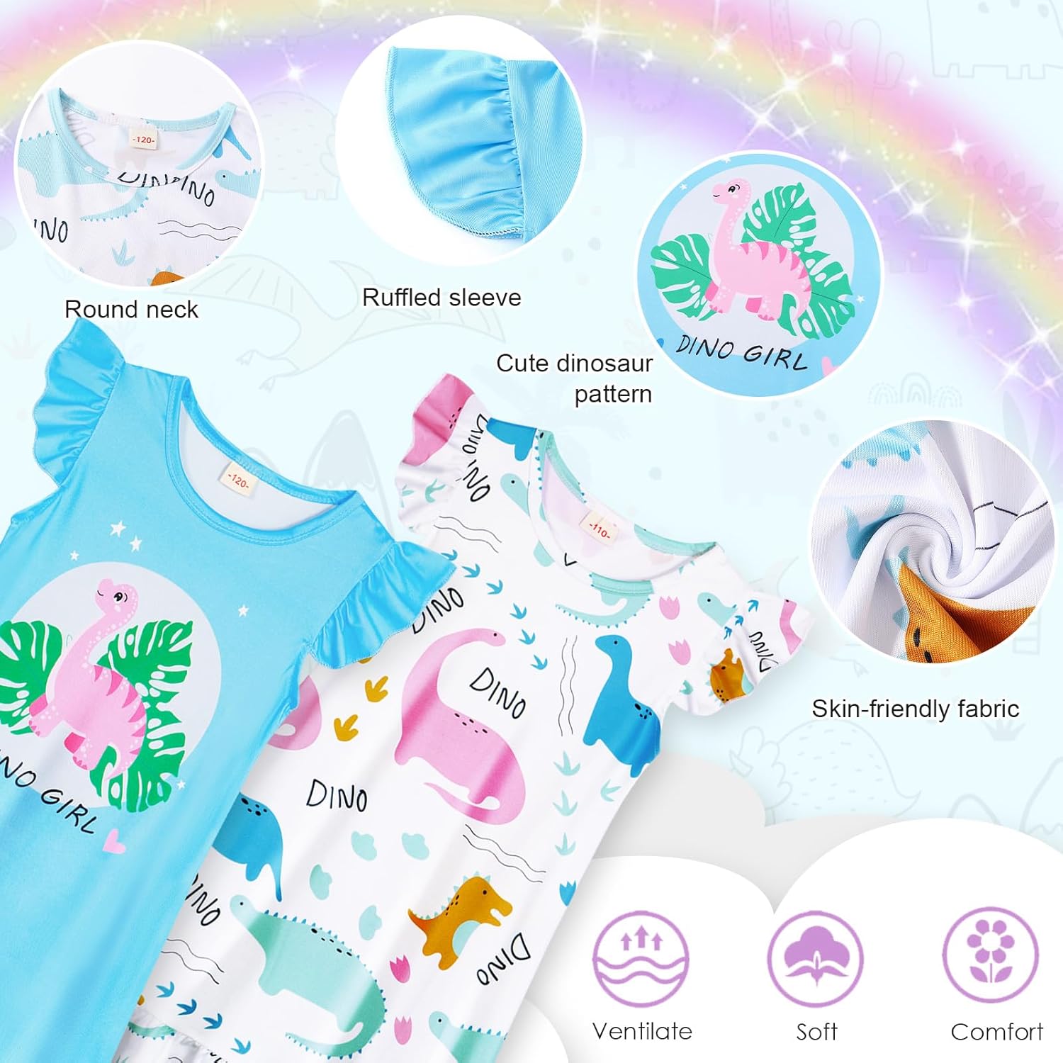 WonderBabe 2Pcs Girls Nightgowns Unicorn Pajamas Toddler Nightgown Sleepwear Flutter Short Sleeves Night Gowns for Kids - Image 2