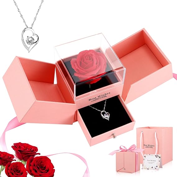 DEECOZY Forever Red Rose Jewelry Gift Box, Jewelry Box with hangbag