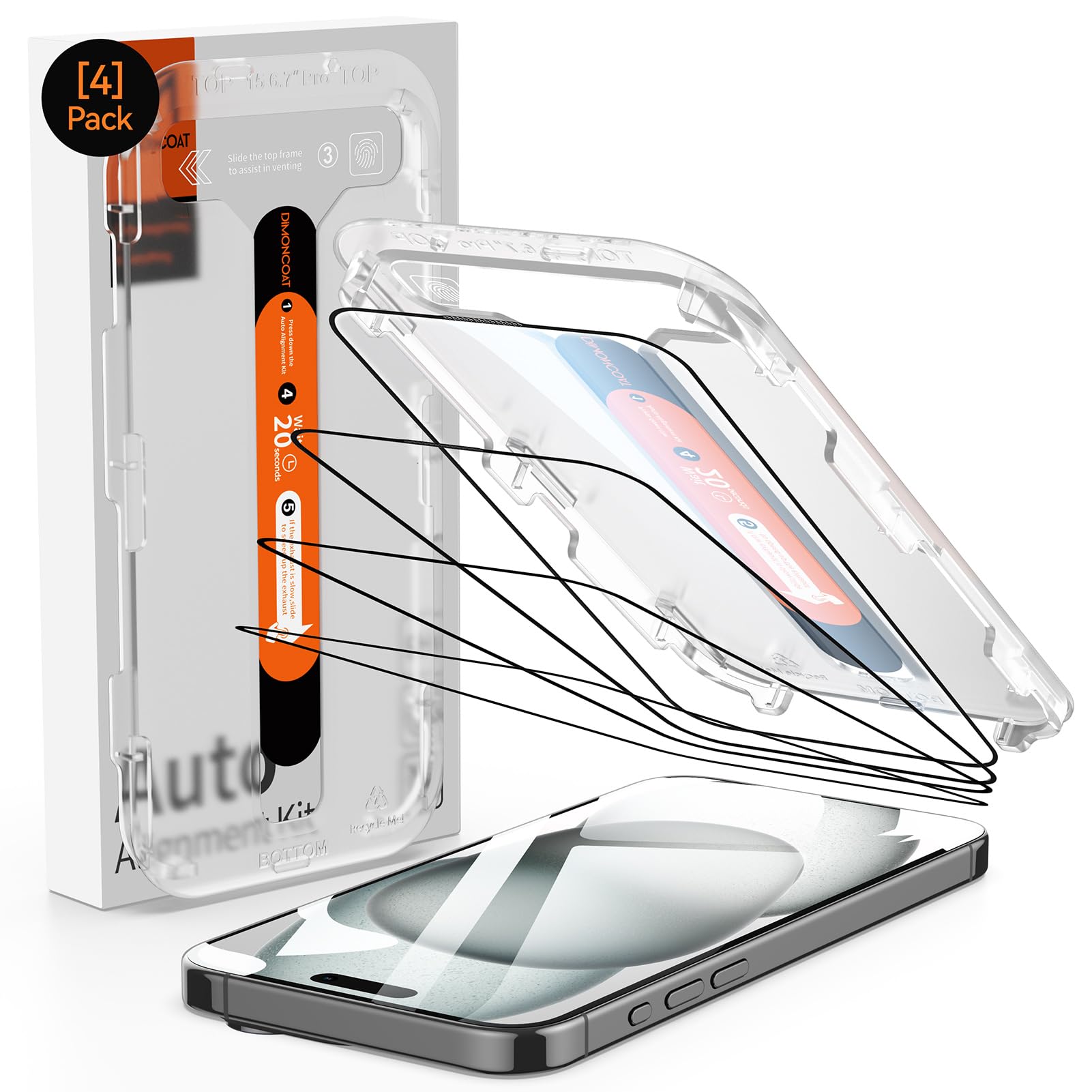 DIMONCOAT4-PACK for iPhone 15 Screen Protector [Auto Alignment Kit] Tempered Glass 10X Military Protection Compatible iPhone 15 6.1'' HD Diamonds Hard Film, Zero Bubble, Case Friendly