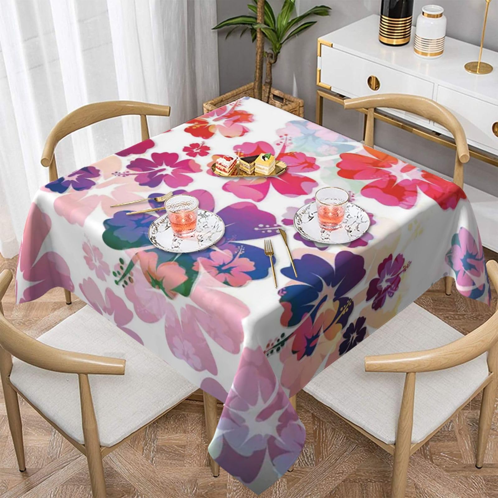 DCEHGEW Hawaiian flower print Prints Square Tablecloth 152x152 CM, Waterproof Fabric Table Cloth for Dining Table, Farmhouse Table Cover for Kitchen Dining Tabletop Decoration