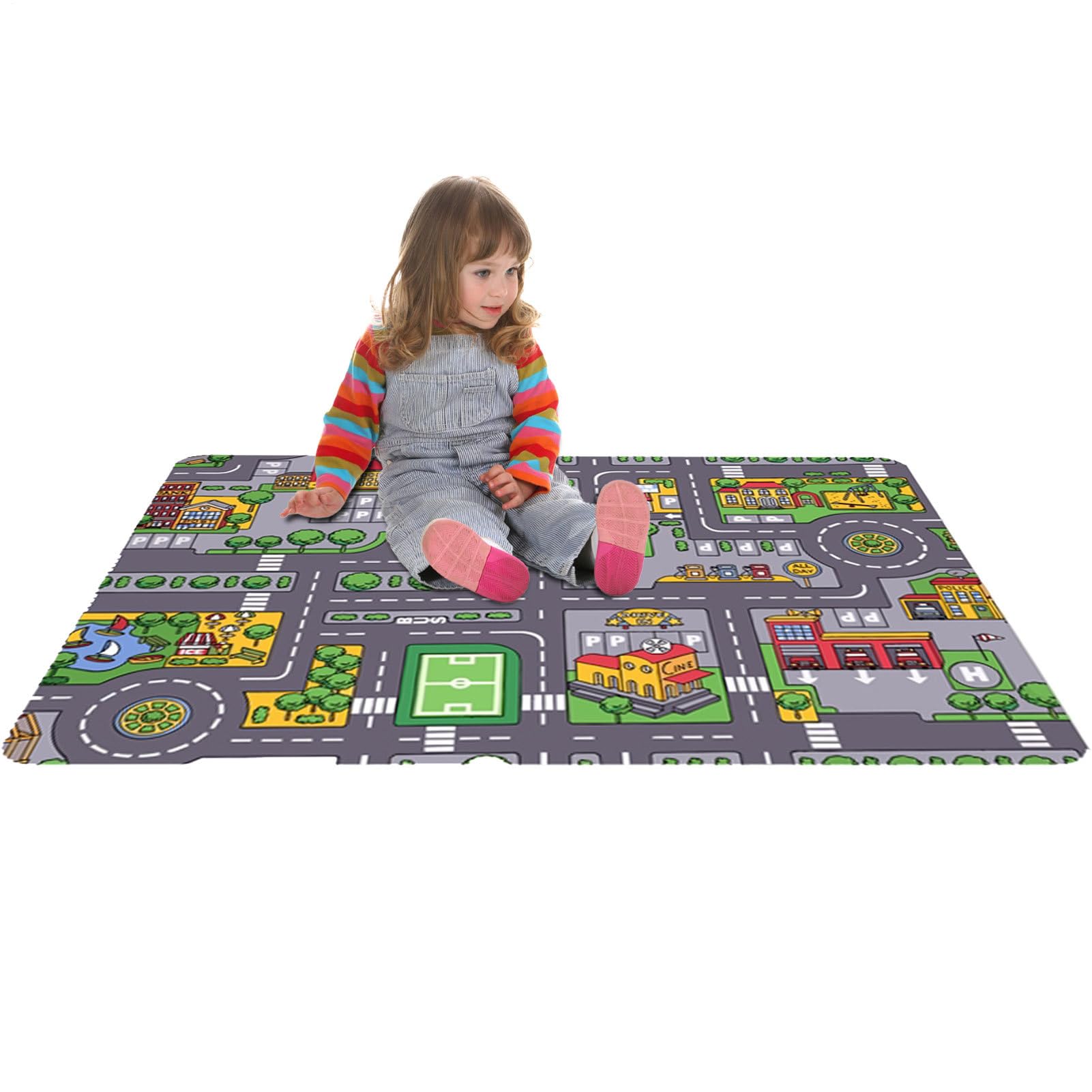 City Toy Activity – 80 x 120 cm, tappetino con mappa del traffico | aree di attività da pavimento, apprendimento interattivo veicolo Street Design Playset, morbido tappeto antiscivolo per sala