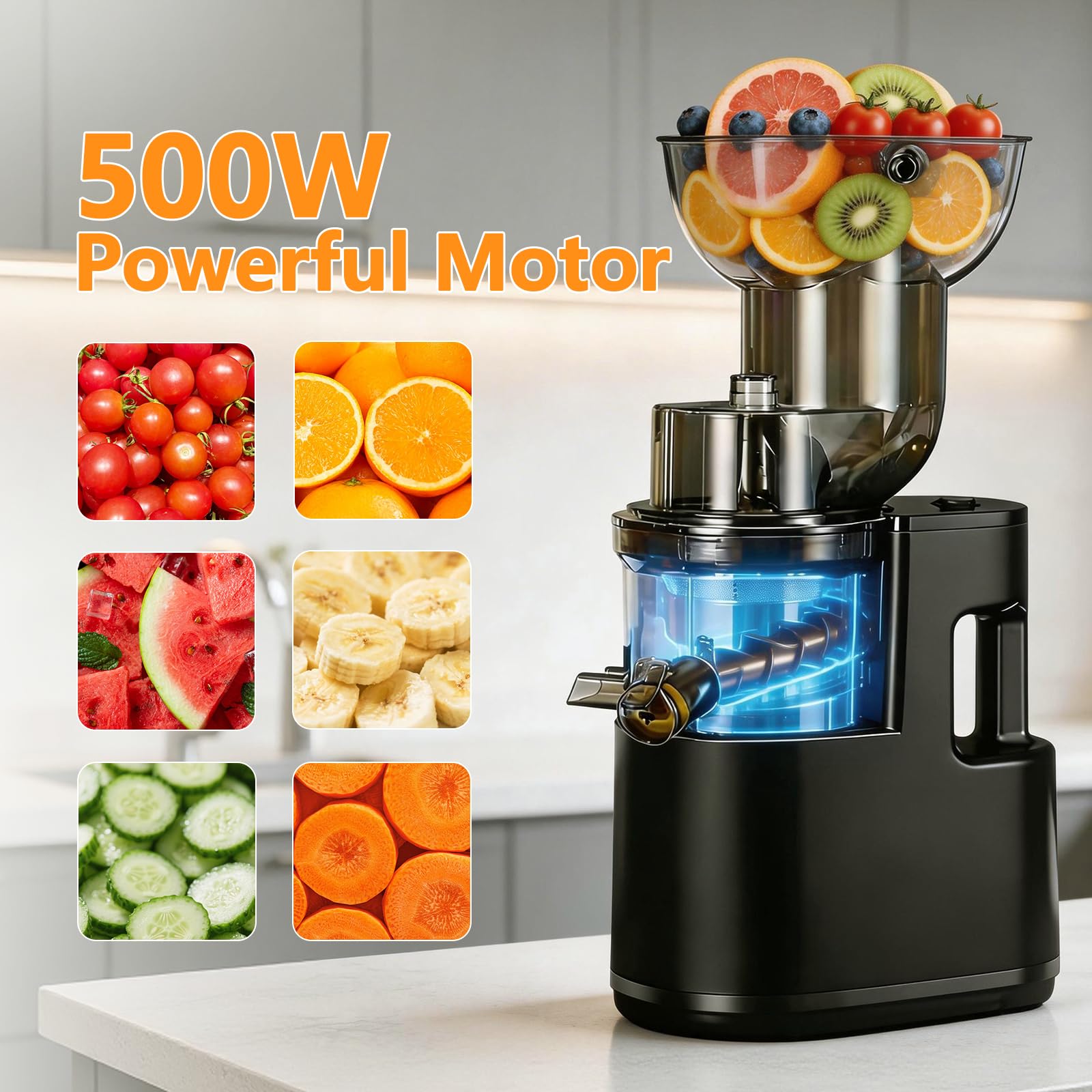 Extracteur de Jus 500W, Slow Juicer Grande Ouverture 170mm, Sans BPA, 99% de Rendement, 2 Récipients