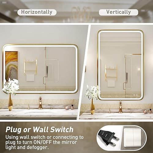 Miniatura 6 de FTOTI Espejo LED de tocador de baño de 24 x 36 pulgadas con luces, espejos iluminados para montar en la pared con marco de metal dorado que no se