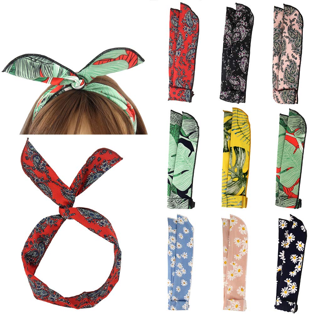 CaredeTwist Wire Headbands for Women Retro Paisley Bandana Scarves Flower Leaf Print Head wrap Rabbit ears Bow Hairbands Hair Holder Hair Accessory,Pack of 9