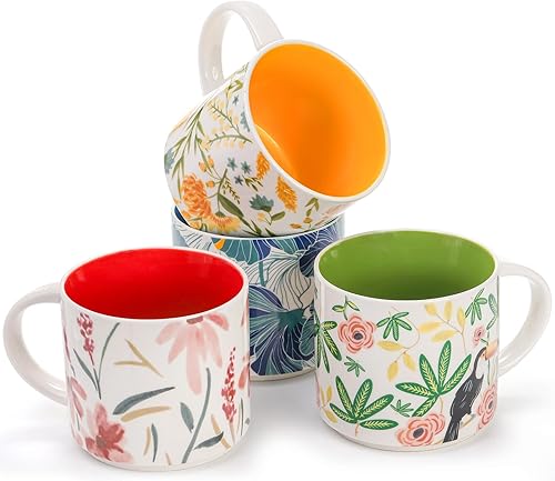 Frcctre Juego de 4 tazas de café de cerámica, taza grande de té de cerámica de 15 onzas con asa, taza de porcelana floral pintada a mano vintage