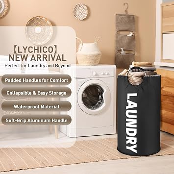 Lychico 90L Laundry Basket, Large Foldable Collapsible Washing Basket with Handles, Waterproof Storage Hamper, Portable Laundry Bag for Home Use, Space Saving Clothes Organiser, Black