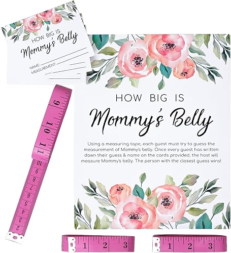 Juego de 34 mediciones para baby shower juego de vientre How Big is Mommys Belly 30 tarjetas de adivinanzas 3 cintas medidoras y 1 letrero de juego