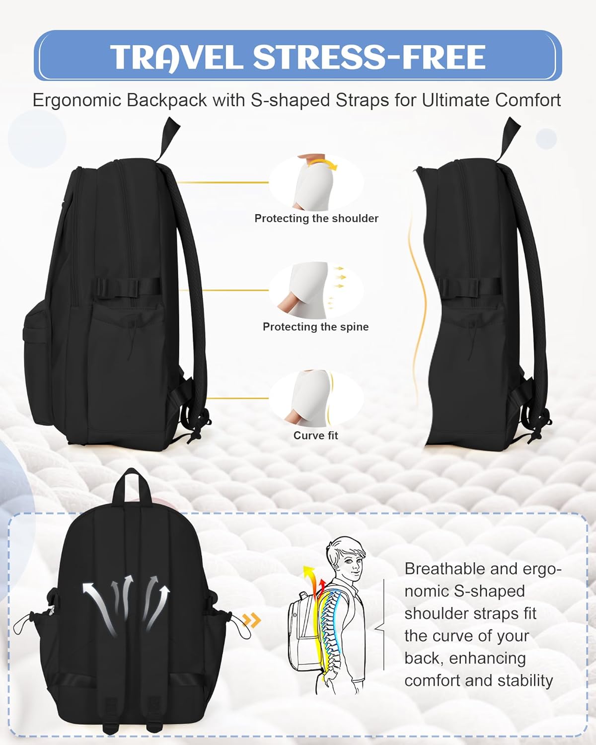 Black School Backpack for Teen Girls Lightweight College Backpack Women Travel Backpacks Waterproof High School Bookbag for Men Classic Casual Daypacks - Image 6