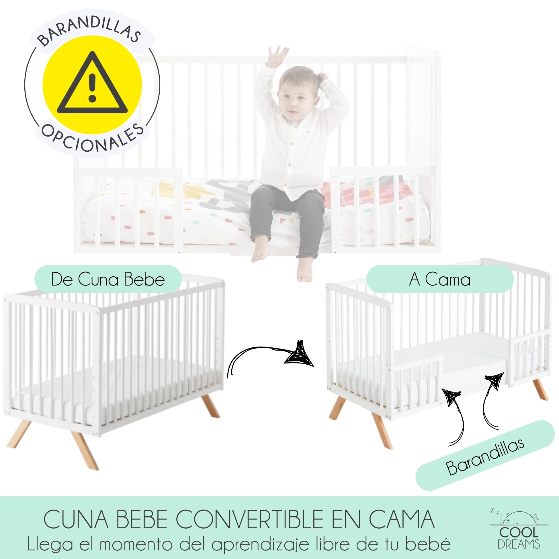 Cuna Bebe con colchon Nuru. Incluye el Kit colecho para unir la Cuna a la Cama con Seguridad y el colchón Top Ventas Morfeo. con normativa Europea CoolDreams