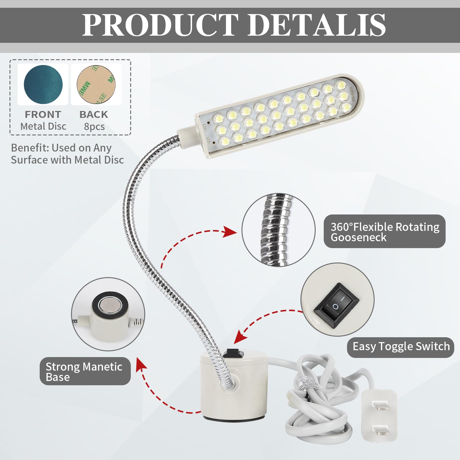 4 szt. lampa do maszyny do szycia z 30 diodami LED, wielofunkcyjna magnetyczna lampa robocza z ramieniem typu gęsia szyja, 3 W, z podstawą do tokarki, wiertarki, prasy warsztatowej