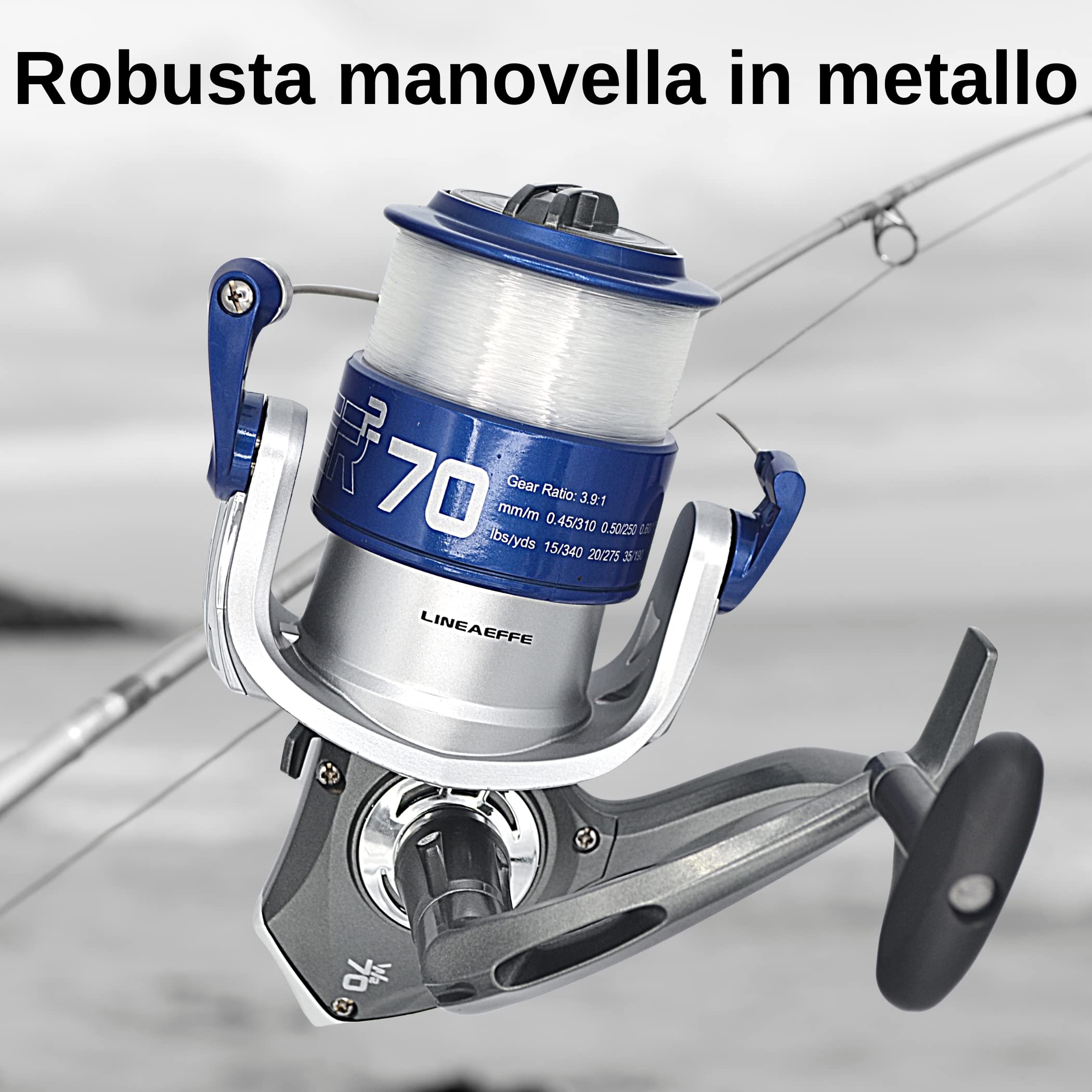 Kit 2 Mulinelli surfcasting Vigor Power 70 linea effe - Mulinello pesca con filo da pesca 0.35 - Mulinello surfcasting mare Corpo e Bobina in grafite e manovella in metallo - Gear Ratio 3, 9:1