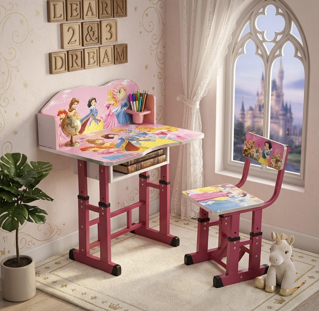 Kids Study Table and Chair Set | 4-15 Years | Adjustable Height| Strong and Ergonomic | Multifunctional Writing Desk for Kids (Pink)-image-32