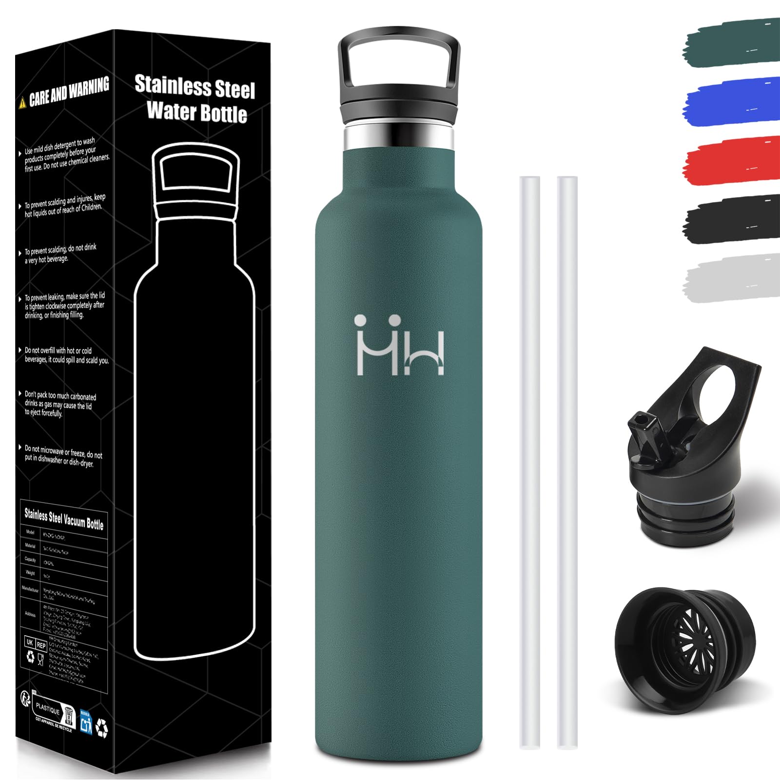 HoneyHolly Borraccia 1 Litro, Senza BPA, Bottiglia Termica, Sottovuoto a Doppia Parete, Borracce Termiche, 18/8 Acciaio Inox, Borraccia Termica con Cannuccia, Termos per Palestra, Sport, Bici