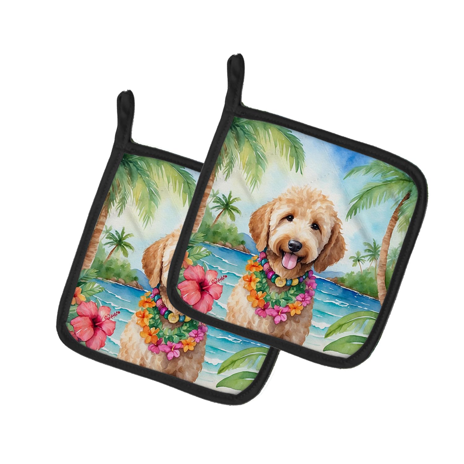 Caroline's Treasures Goldendoodle Luau Pair of Pot Holders Kitchen Heat Resistant Pot Holders Sets Oven Hot Pads for Cooking Baking BBQ, 7 1/2 x 7 1/2