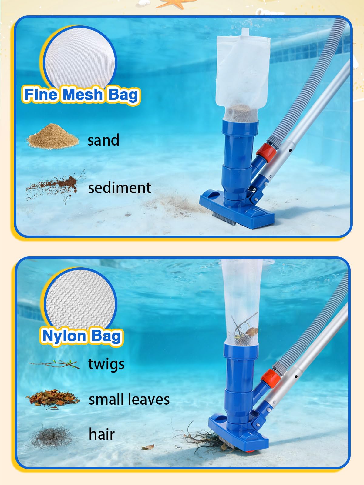 Kit di pulizia portatile 3 in 1 per piscine fuori terra, include aspirapolvere con sacchetti a rete, spazzola, retine per skimmer, asta regolabile da 1,9 m per spa, gonfiabili o piscine con telaio per
