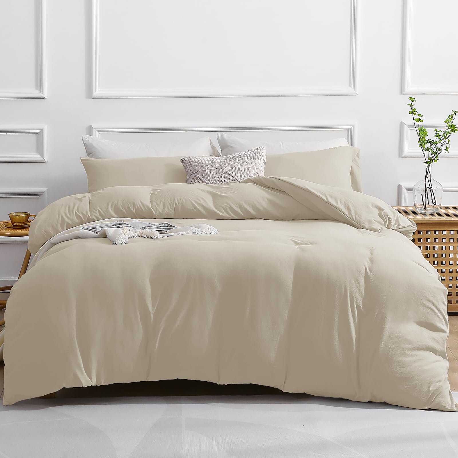 SASTTIE Duvet Cover Queen, 3-Piece Prewashed Ultra Soft Queen Bedding Set - Features Zipper Closure and Corner Ties, Includes 1 Duvet Cover 90x90 Inch & 2 Pillowcases, No Comforter, Beige