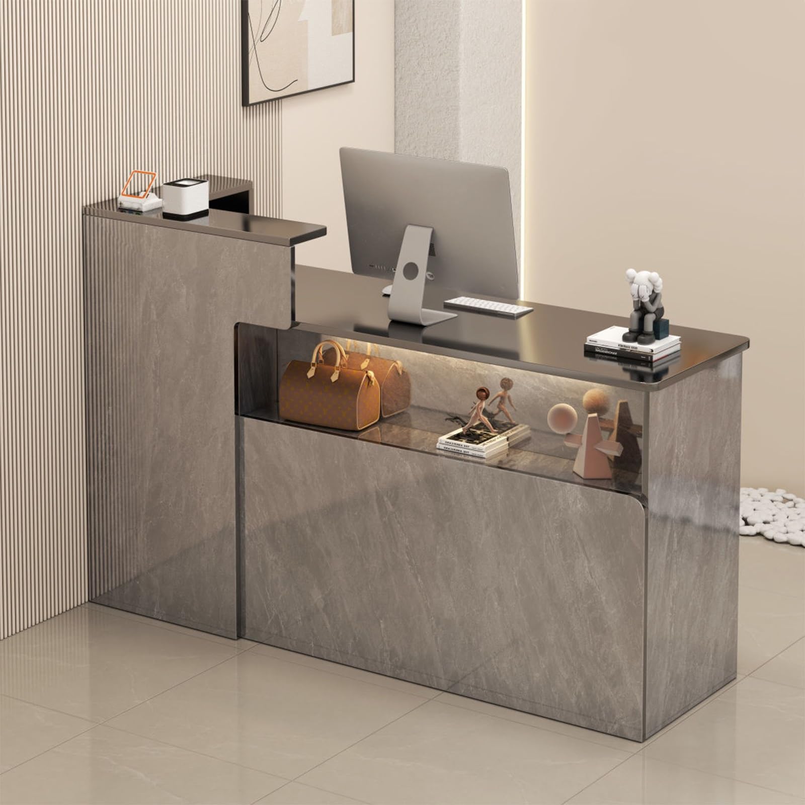 Mostrador de recepción Profesional, cajones con Cerradura, Armario con Puertas, estantes de exhibición iluminados for clínica/Hotel/salón de Belleza(Black - Left,140cm)