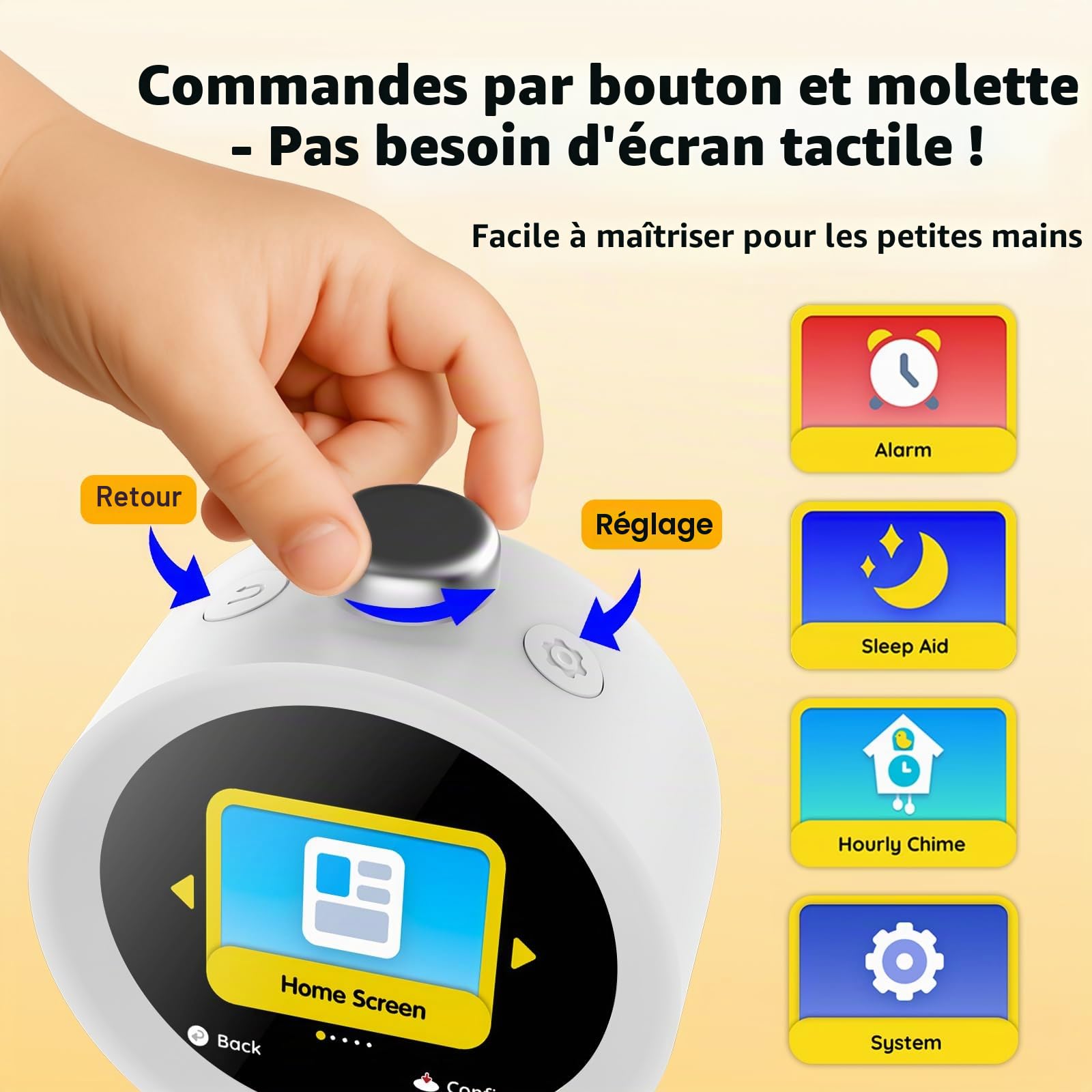 Dekala Réveil Enfant Boîtier Rond avec Écran IPS, Capteur De Température & Humidité, Thèmes Interactifs, Bruits De Sommeil, Alarmes Personnalisables pour Garçons Et Filles (argenté)