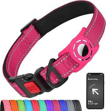 Dog Collar for Small Dogs with AirTag Holder, Locking Buckle | Snug AirTag Fit, Stays Securely Fastened, Comfortable Lining, Adjustable Fit, Reflective Trim, No Tools Needed, Hot Pink