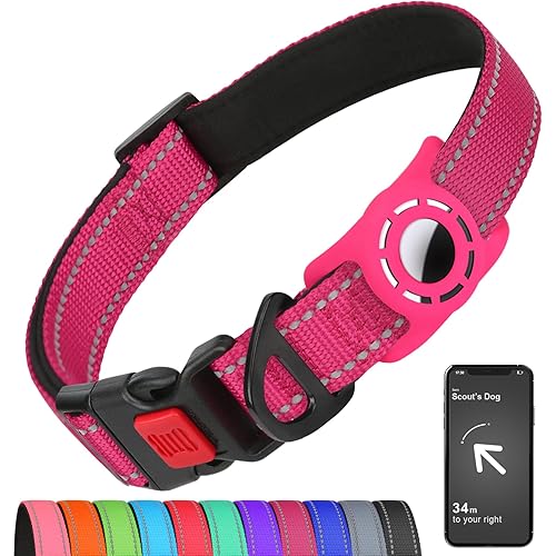 Airtag Dog Collar with AirTag Holder for Large Dogs, Reflective, Soft Padded & Safety Locking Buckle, Nylon Pet Collars Adjustable for All Breeds, Hotpink,L