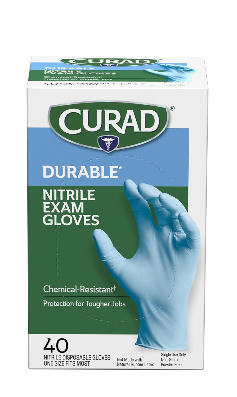 Curad Nitrile Exam Gloves, Durable, Powder Free, Chemical Resistant, One Size Fits Most, 40 Count (24 Pack)