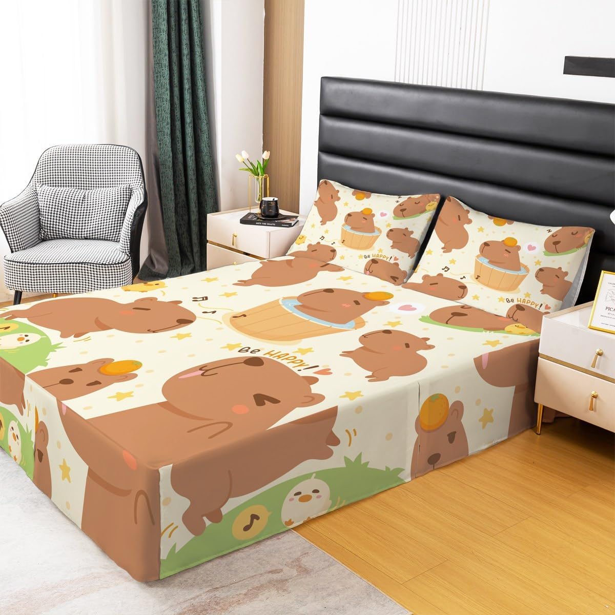 Funny Cute Capybara Sheet & Wrap Around Bed Skirt Galaxy Capybaras Bed Skirt, Cartoon Capybara Bed Wrap Sheet Set Capybara Dust Ruffle Pleated Bedskirt Fitted Sheet for Queen Bed with Split Corners